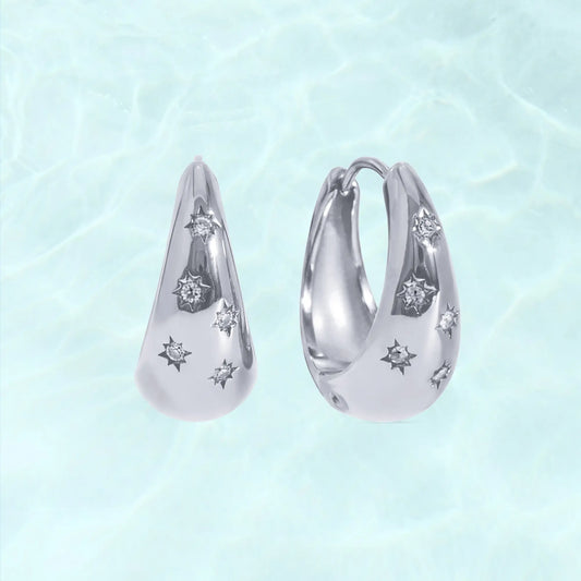 PAVOI Waterproof Chunky Hoop Earrings for Women - 14K Gold Plated Starbust Huggie Hoop Earrings with Cubic Zirconia - Stainless Steel Trendy Summer Jewelry