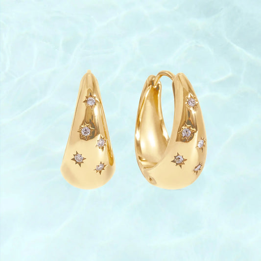 PAVOI Waterproof Chunky Hoop Earrings for Women - 14K Gold Plated Starbust Huggie Hoop Earrings with Cubic Zirconia - Stainless Steel Trendy Summer Jewelry