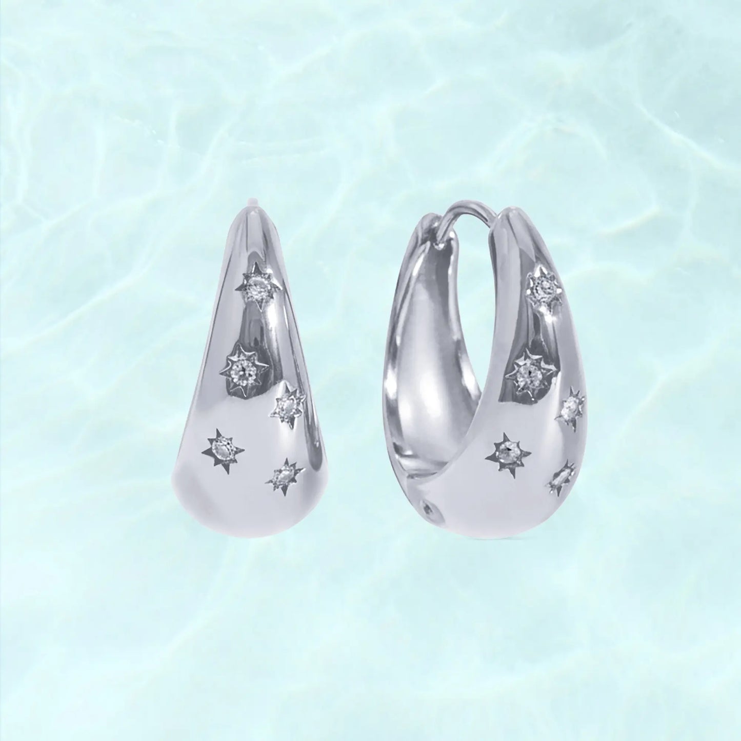 PAVOI Waterproof Chunky Hoop Earrings for Women - 14K Gold Plated Starbust Huggie Hoop Earrings with Cubic Zirconia - Stainless Steel Trendy Summer Jewelry